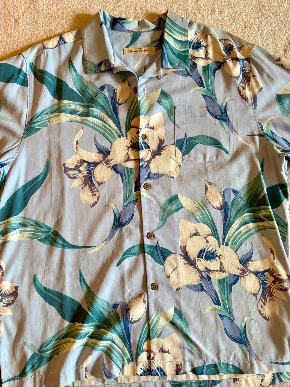 Tommy Bahama Blue Floral Camp Shirt with Green and Cream Accents